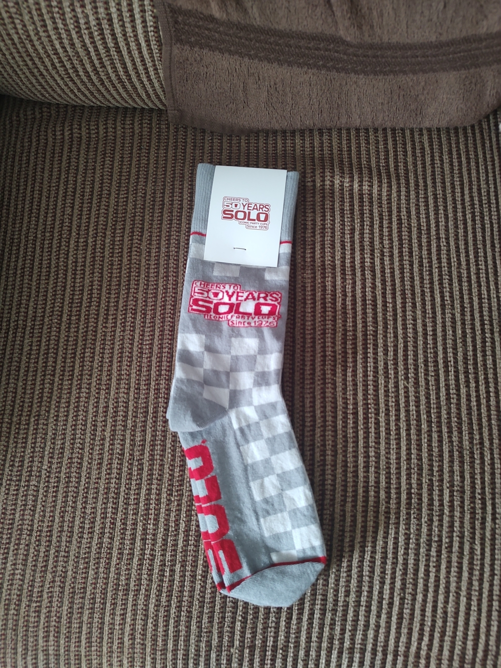 Solid Gray & White Check Crew Socks with Red Logo Solo Cups